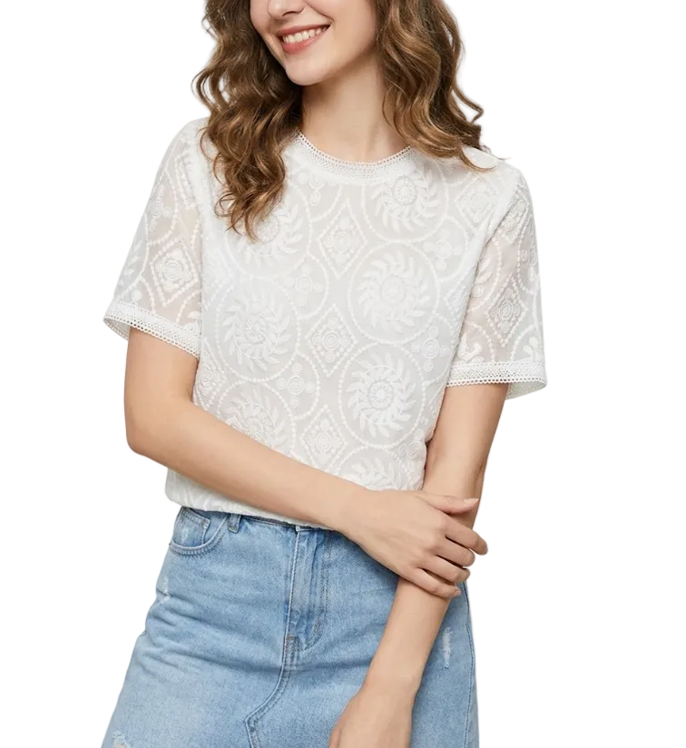 Elegant Embroidered Lace Short Sleeved Women's Blouse Top - B6-TOP-B633