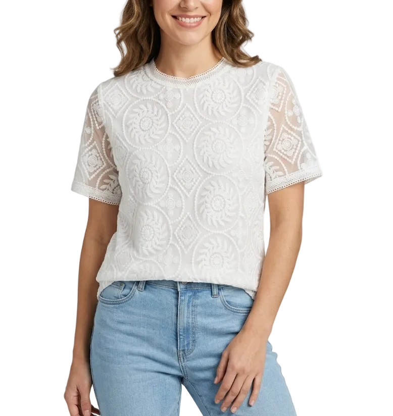 Elegant Embroidered Lace Short Sleeved Women's Blouse Top - B6-TOP-B633