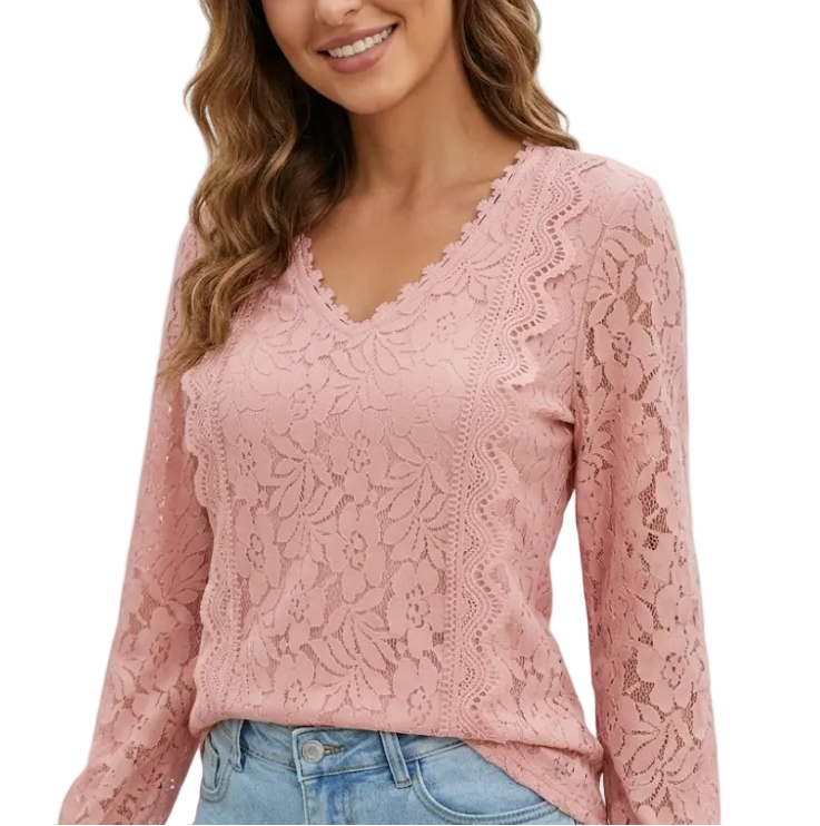 Elegant Lace Blouse for Women with V-neck & Long Sleeve – BL37