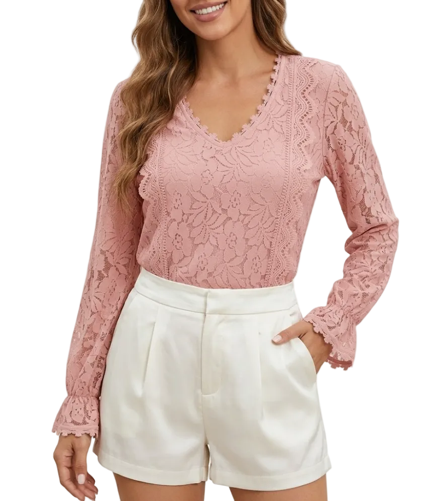 Elegant Lace Blouse for Women with V-neck & Long Sleeve – BL37
