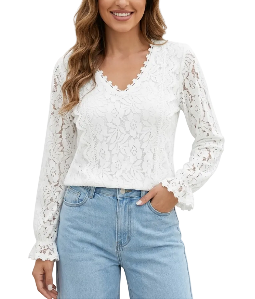 Elegant Lace Blouse for Women with V-neck & Long Sleeve – BL37