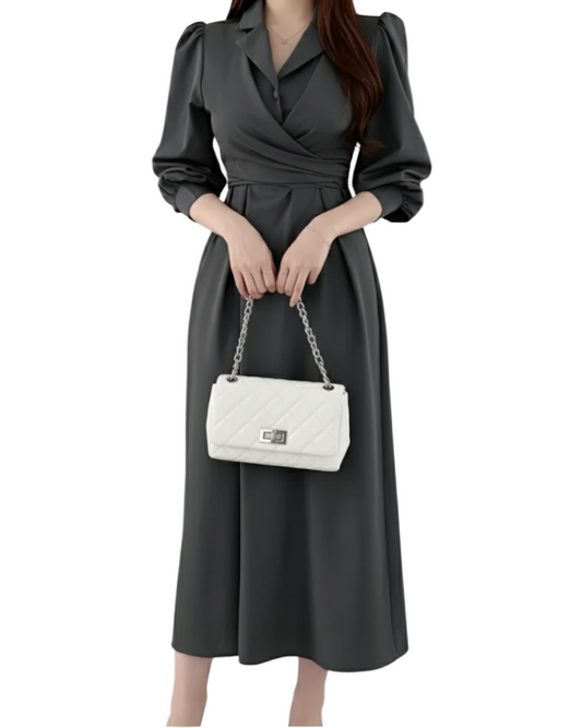 Elegant Lapel Collar Long Sleeve Mid Length DRESS-B101