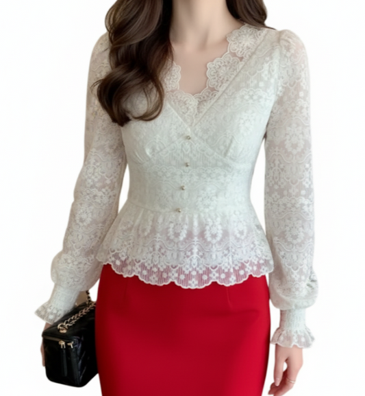 Elegant Slim Waist V- neck Lace Blouse for Women - BL10