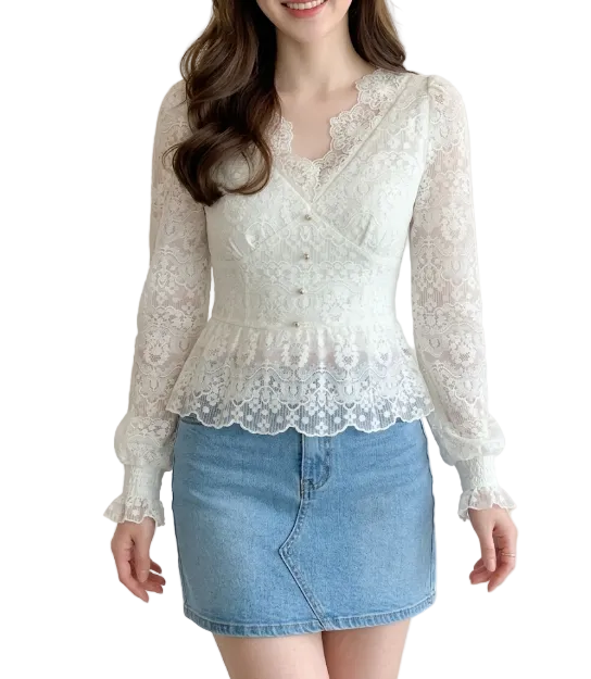 Elegant Slim Waist V- neck Lace Blouse for Women - BL10