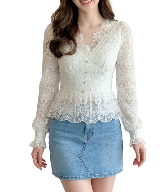 Elegant Slim Waist V- neck Lace Blouse for Women - BL10