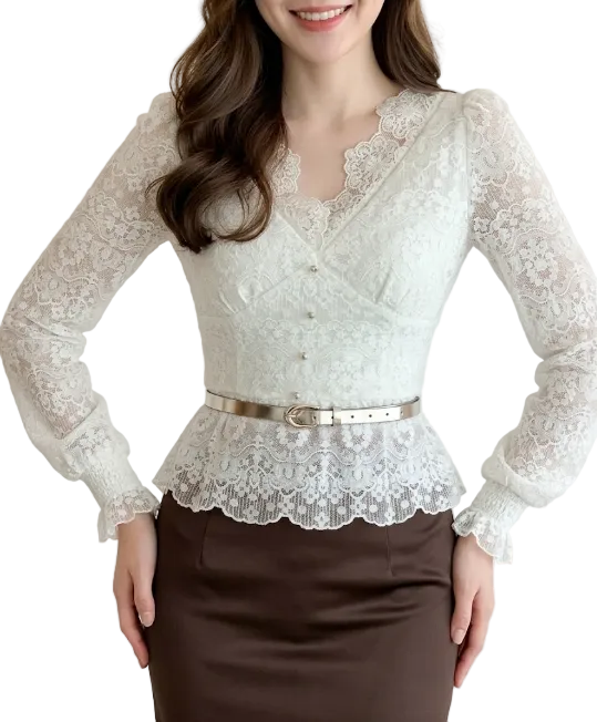 Elegant Slim Waist V- neck Lace Blouse for Women - BL10