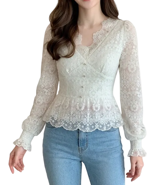 Elegant Slim Waist V- neck Lace Blouse for Women - BL10