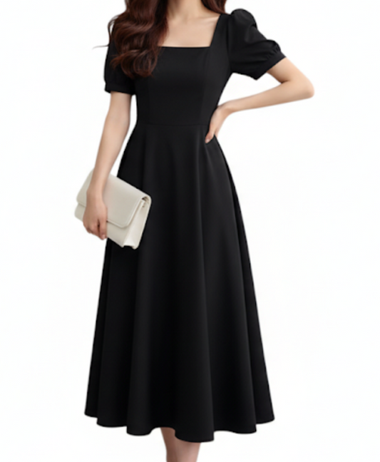 Elegant Square-Neck-line Short Sleeve DRESS-B111