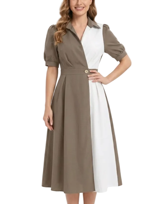 Elegant Two-Tone Collar V-neck Slim-Waist Dress for Women – DRESS-58