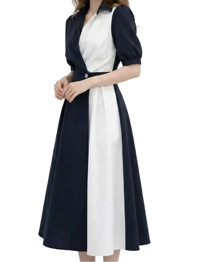 Elegant Two-Tone Collar V-neck Slim-Waist Dress for Women – DRESS-58
