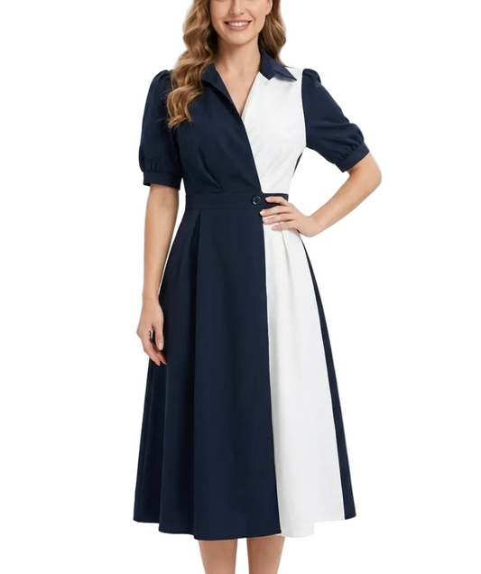 Elegant Two-Tone Collar V-neck Slim-Waist Dress for Women – DRESS-58