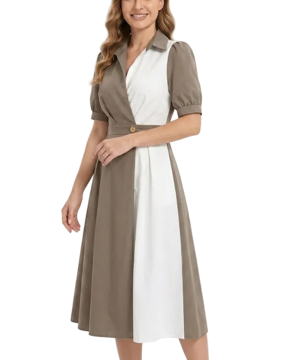 Elegant Two-Tone Collar V-neck Slim-Waist Dress for Women – DRESS-58