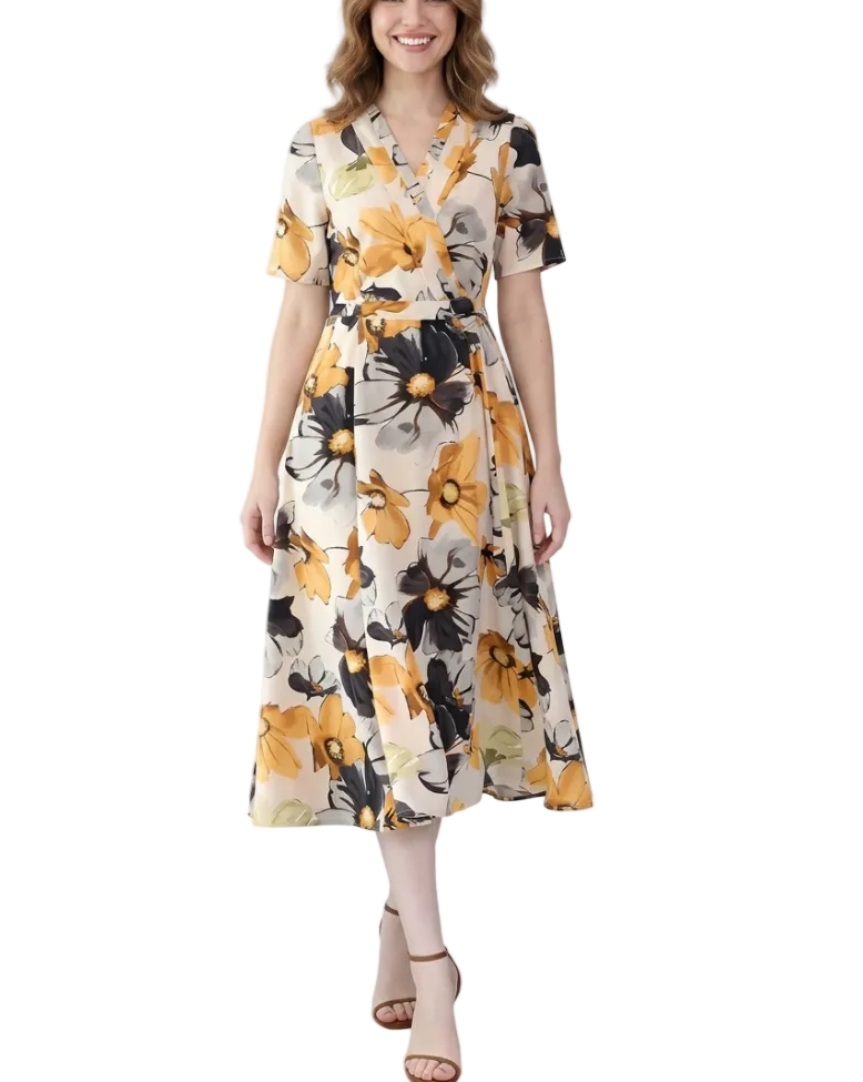 Elegant V-neck A-line Slim-Waist Dress for Women – DRESS-B57