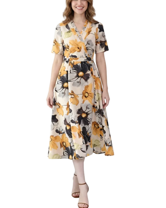 Elegant V-neck A-line Slim-Waist Dress for Women – DRESS-B57