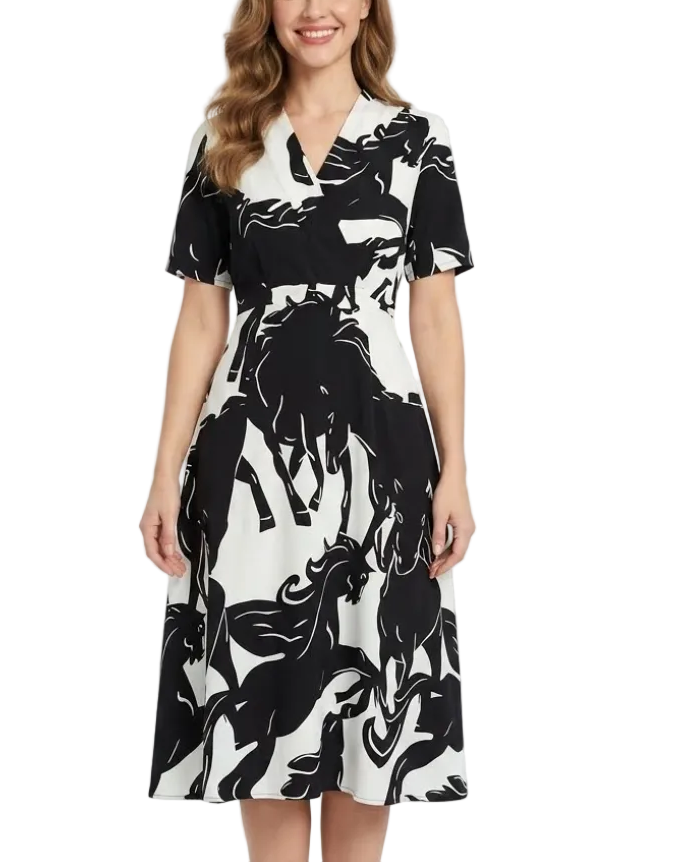 Elegant V-neck A-line Slim-Waist Dress for Women – DRESS-B57