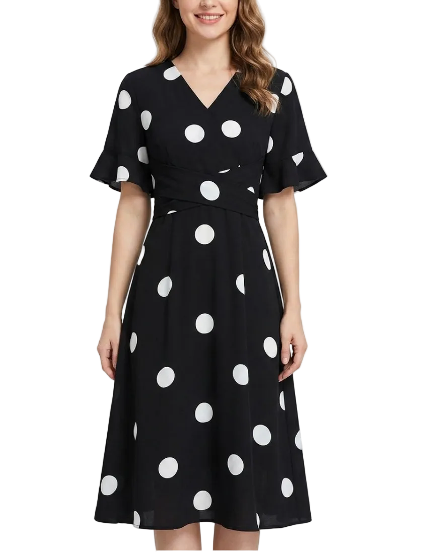 Elegant V-neck Short Ruffles Sleeve Slim Waist A-line Casual Dress for Women – DRESS-B64