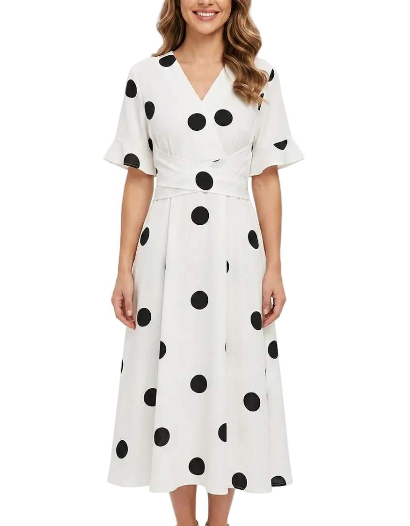 Elegant V-neck Short Ruffles Sleeve Slim Waist A-line Casual Dress for Women – DRESS-B64