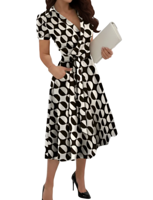 Elegant V-neck Slim-Waist Belt A-line Dress for Women- DRESS-B02