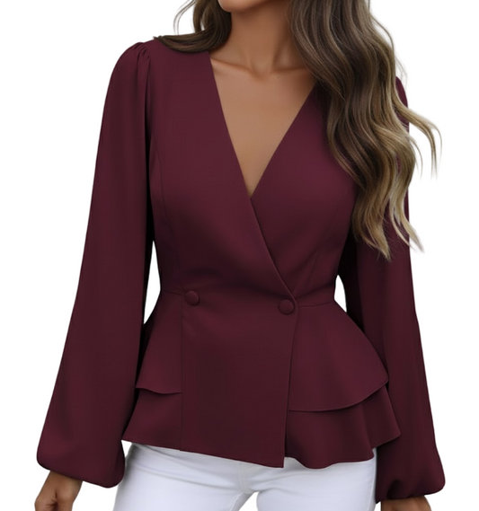 Elegant Versatile V-Neck Lantern Sleeve Ruffle Button Slim Waist Top  - SM8-TOP-52