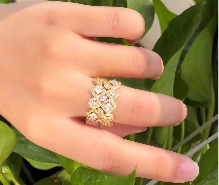 White Cubic Zirconia Crystal Hollow Open Finger Cuff Adjustable Ring for Women - RING - RG-17