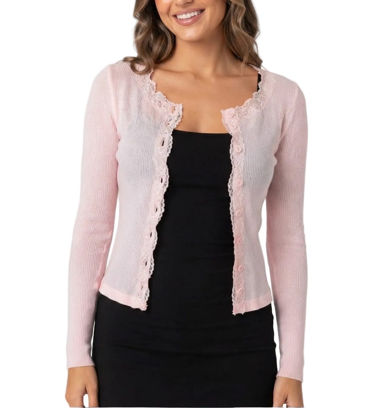 Elegant & Timeless Buttoned Lace Trim Ribbed Stretchy Long Sleeve Thin Outerwear Tops for Women- BP-B20 -TOP-280