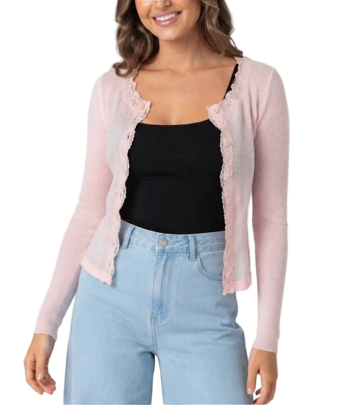 Elegant & Timeless Buttoned Lace Trim Ribbed Stretchy Long Sleeve Thin Outerwear Tops for Women- BP-B20 -TOP-280