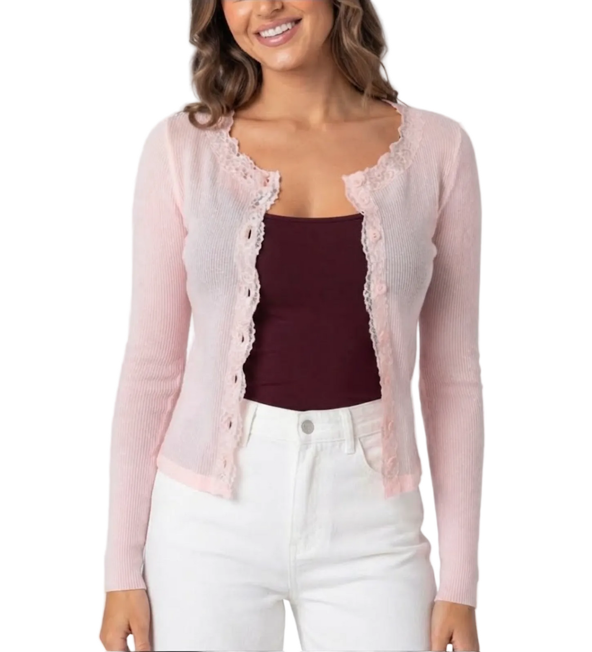 Elegant & Timeless Buttoned Lace Trim Ribbed Stretchy Long Sleeve Thin Outerwear Tops for Women- BP-B20 -TOP-280