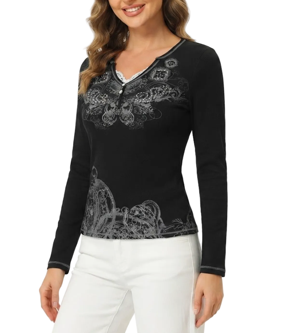 Elegant & Timeless Buttoned Lace Trim V-Neck Ribbed Stretchy Fitted Long Sleeve Tops for Women- BP-B20 -TOP-279
