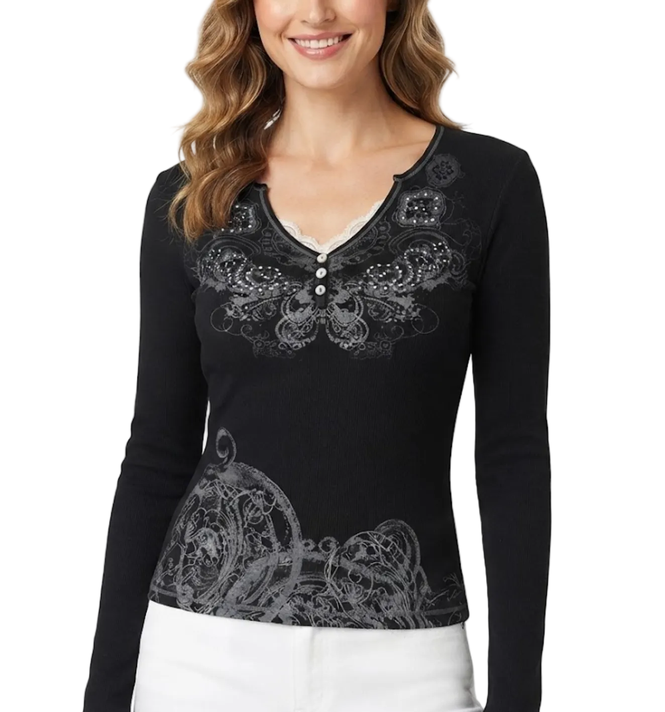 Elegant & Timeless Buttoned Lace Trim V-Neck Ribbed Stretchy Fitted Long Sleeve Tops for Women- BP-B20 -TOP-279