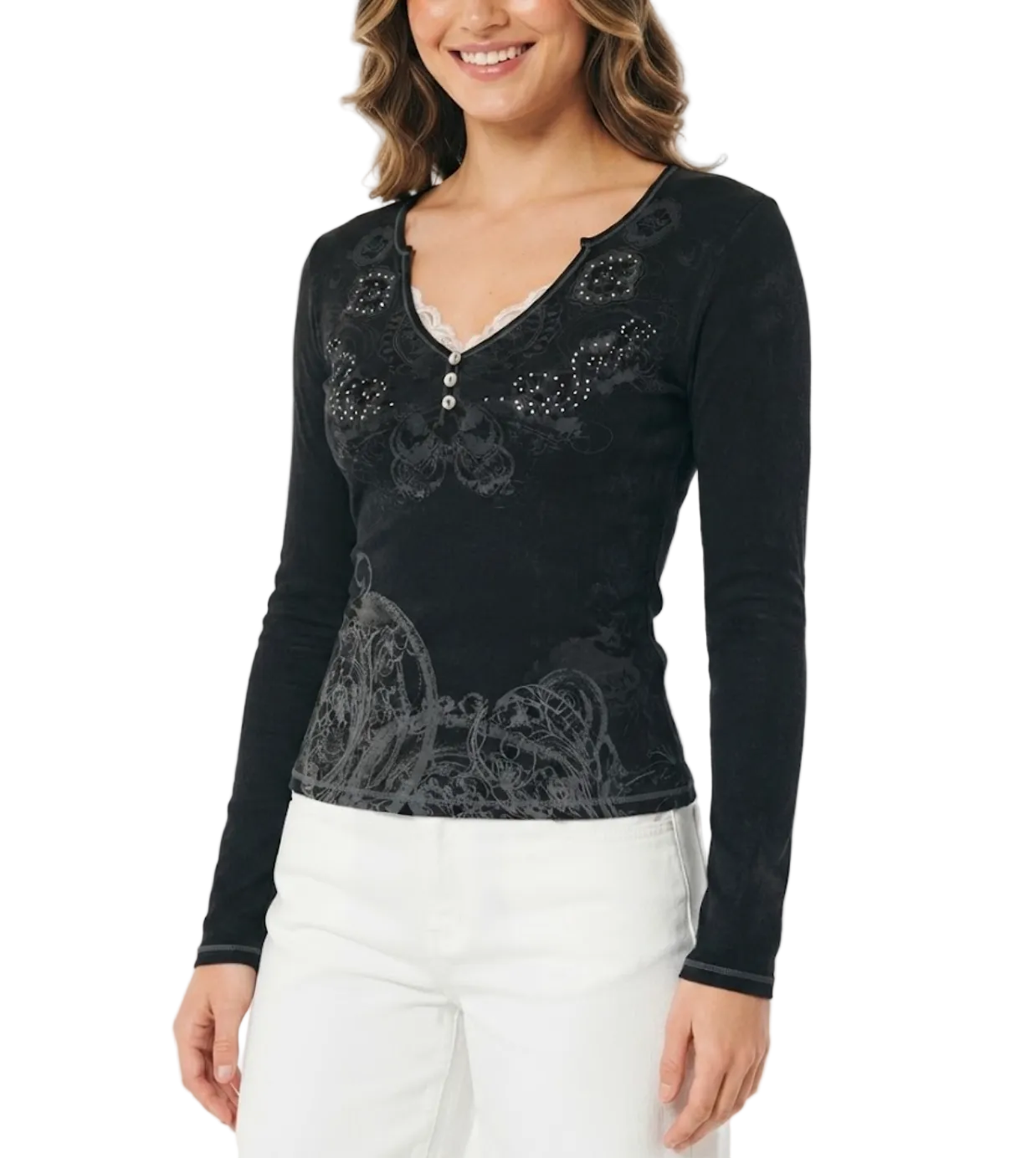 Elegant & Timeless Buttoned Lace Trim V-Neck Ribbed Stretchy Fitted Long Sleeve Tops for Women- BP-B20 -TOP-279