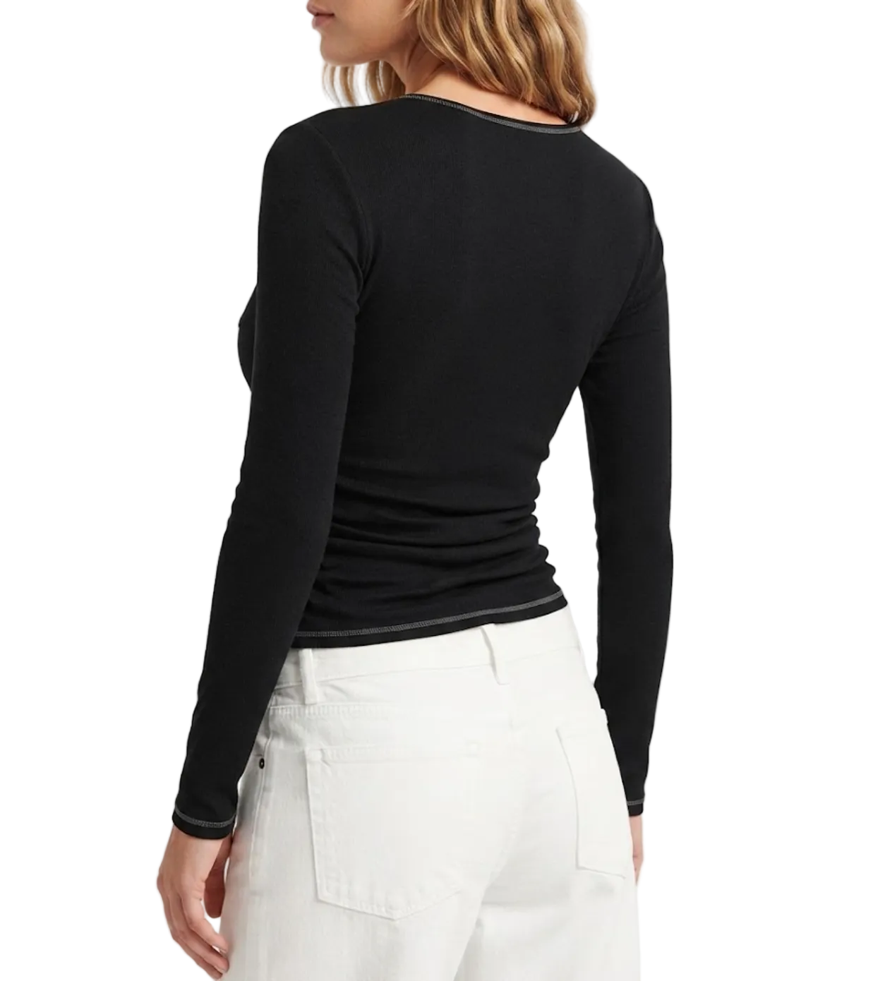 Elegant & Timeless Buttoned Lace Trim V-Neck Ribbed Stretchy Fitted Long Sleeve Tops for Women- BP-B20 -TOP-279
