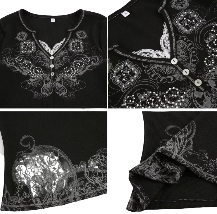 Elegant & Timeless Buttoned Lace Trim V-Neck Ribbed Stretchy Fitted Long Sleeve Tops for Women- BP-B20 -TOP-279