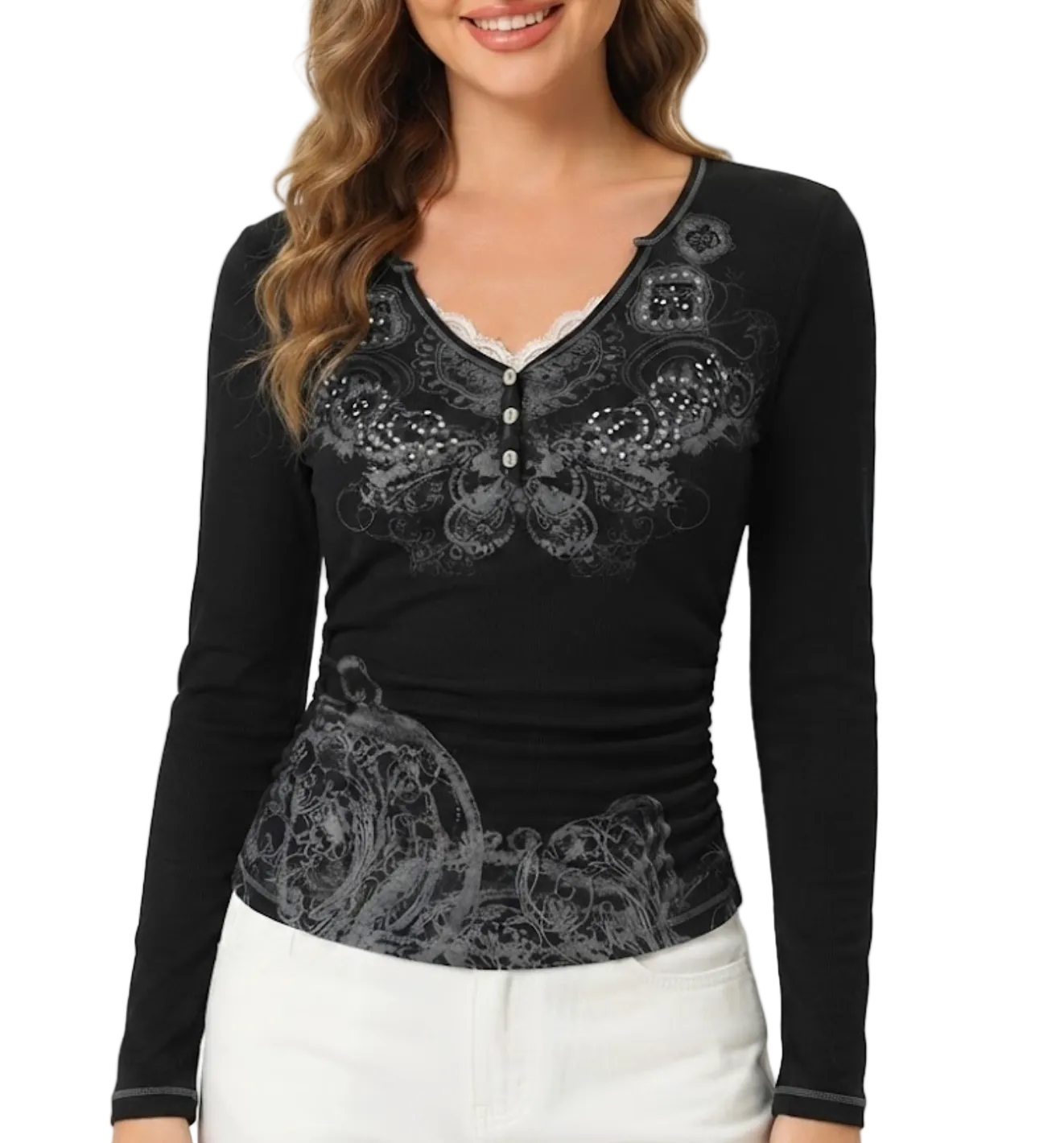 Elegant & Timeless Buttoned Lace Trim V-Neck Ribbed Stretchy Fitted Long Sleeve Tops for Women- BP-B20 -TOP-279
