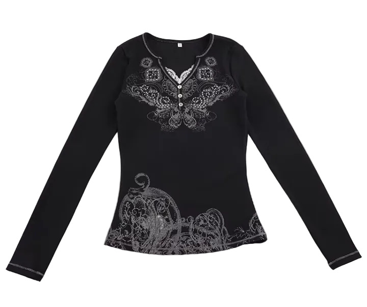 Elegant & Timeless Buttoned Lace Trim V-Neck Ribbed Stretchy Fitted Long Sleeve Tops for Women- BP-B20 -TOP-279
