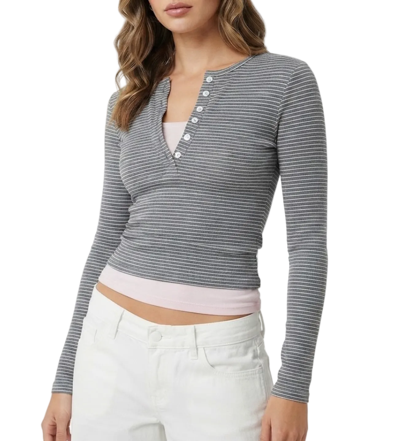 Elegant & Timeless Buttoned Layered Design Stretchy Fitted Long Sleeve Stripped Tops for Women- BP-B20 -TOP-278