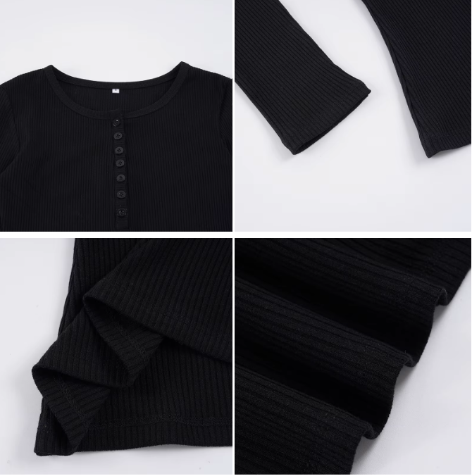 Elegant & Timeless Long Sleeve Buttoned  Front Neck Ribbed Comfy Fitted Tops for Women- BP-B20 -TOP-305