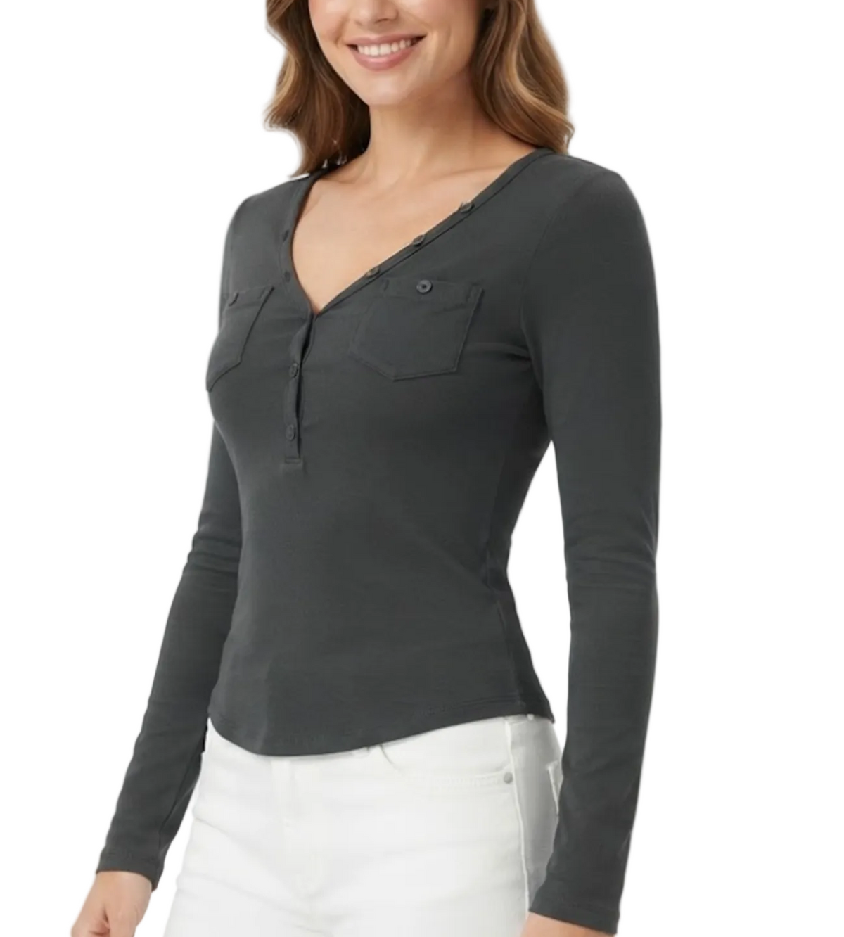 Elegant & Timeless Long Sleeve Buttoned V-Neck Chest Pockets Fitted Tops for Women- BP-B20 -TOP-298