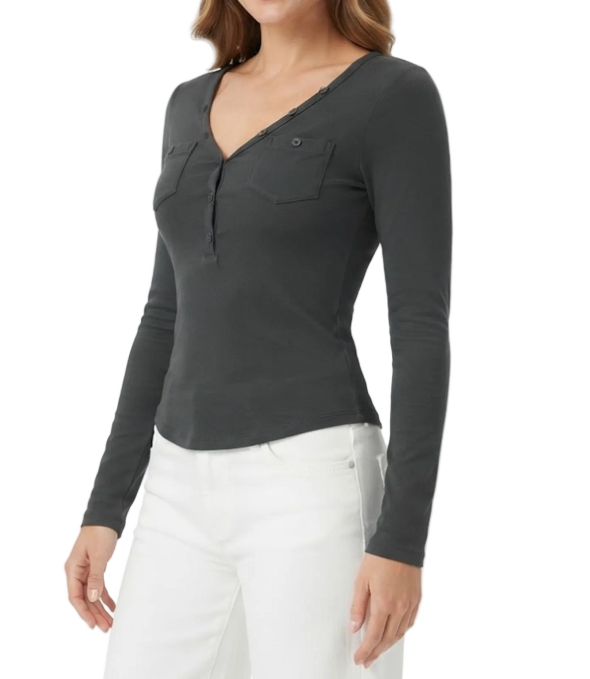 Elegant & Timeless Long Sleeve Buttoned V-Neck Chest Pockets Fitted Tops for Women- BP-B20 -TOP-298