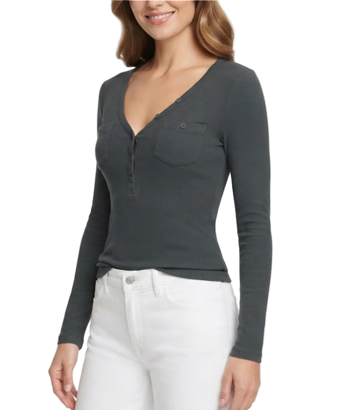 Elegant & Timeless Long Sleeve Buttoned V-Neck Chest Pockets Fitted Tops for Women- BP-B20 -TOP-298