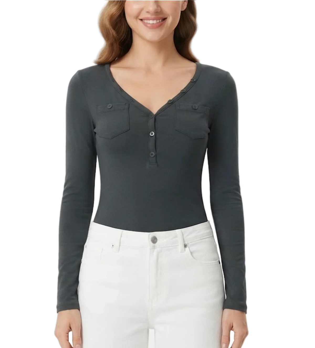 Elegant & Timeless Long Sleeve Buttoned V-Neck Chest Pockets Fitted Tops for Women- BP-B20 -TOP-298