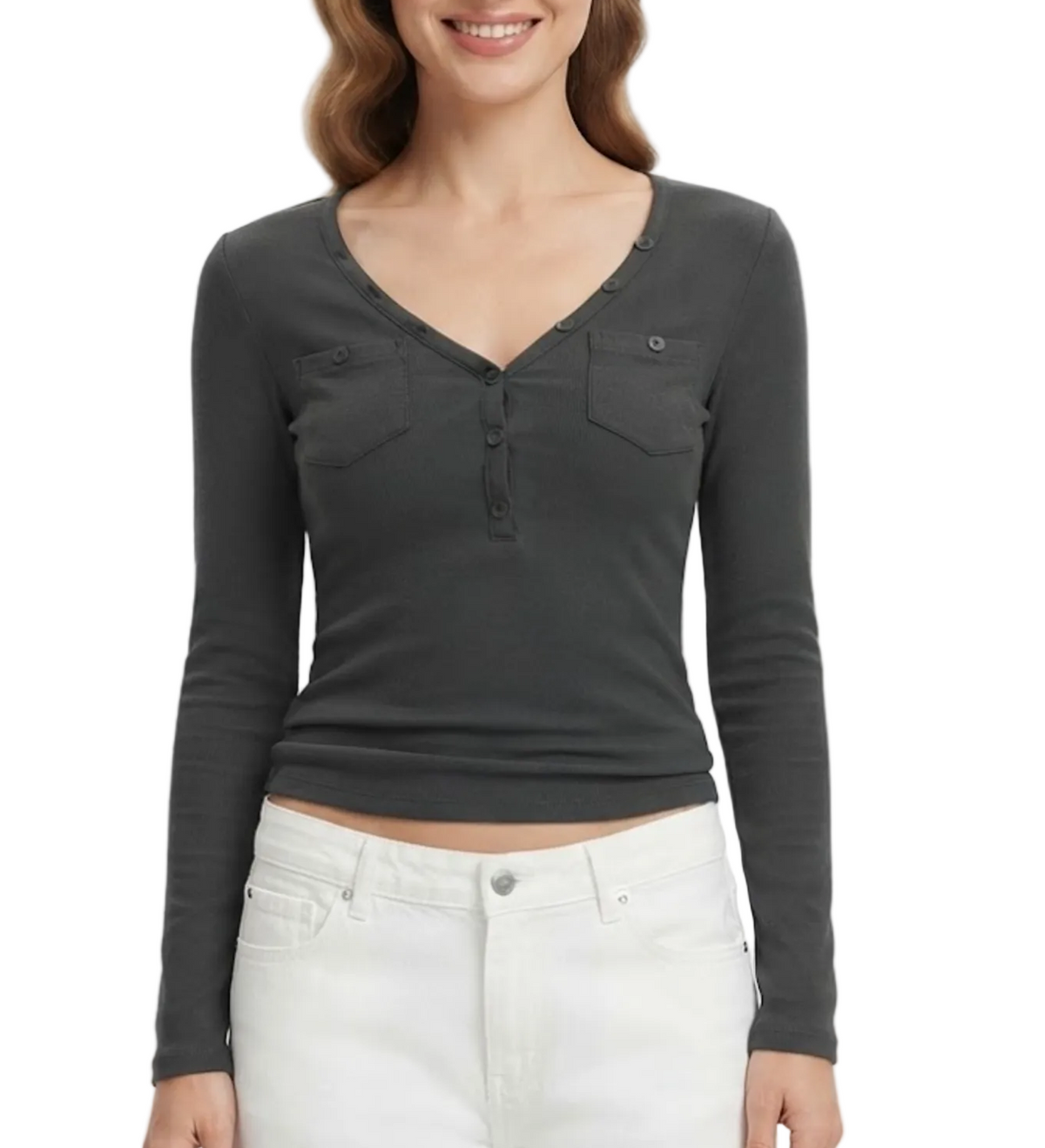 Elegant & Timeless Long Sleeve Buttoned V-Neck Chest Pockets Fitted Tops for Women- BP-B20 -TOP-298