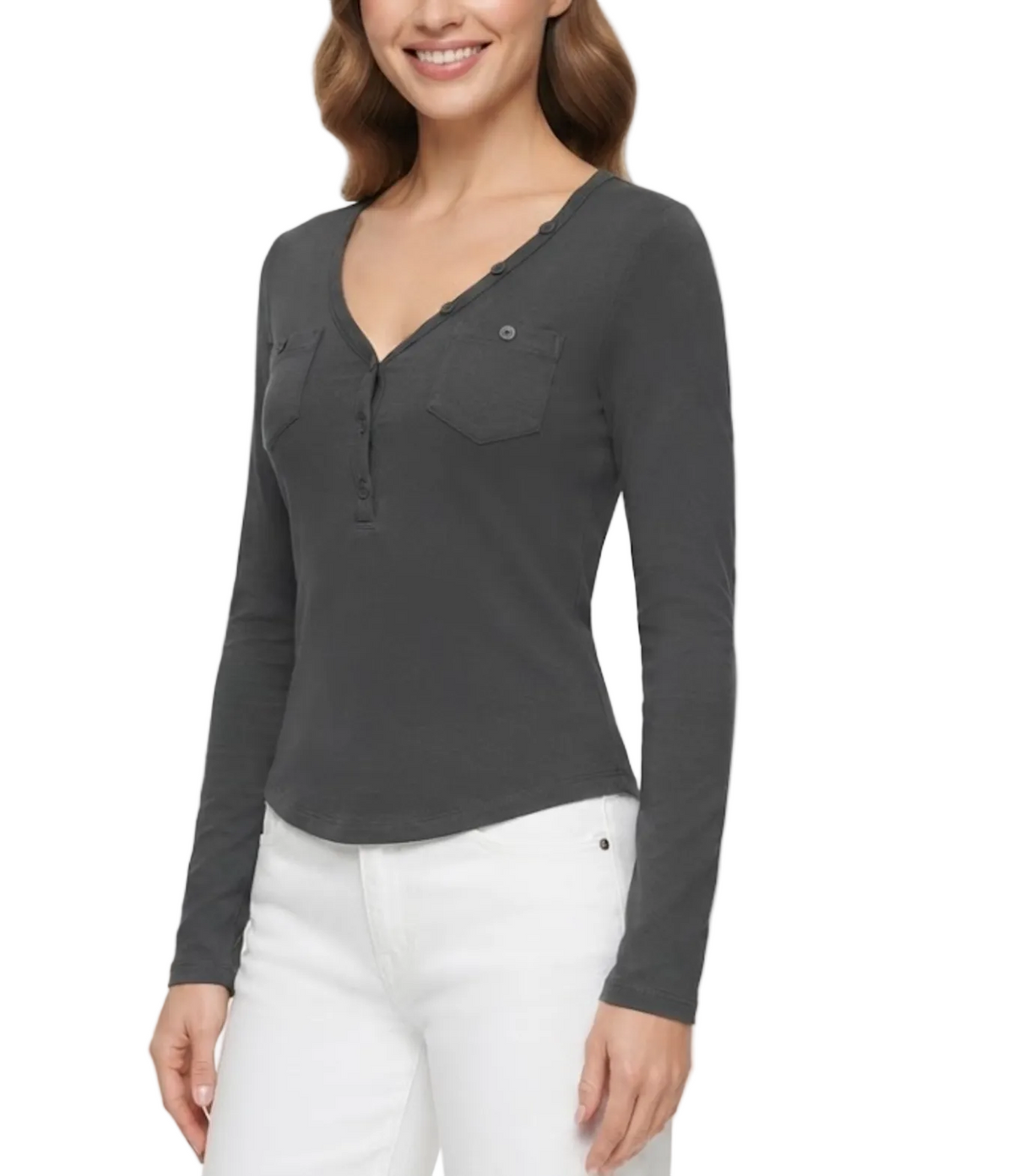 Elegant & Timeless Long Sleeve Buttoned V-Neck Chest Pockets Fitted Tops for Women- BP-B20 -TOP-298