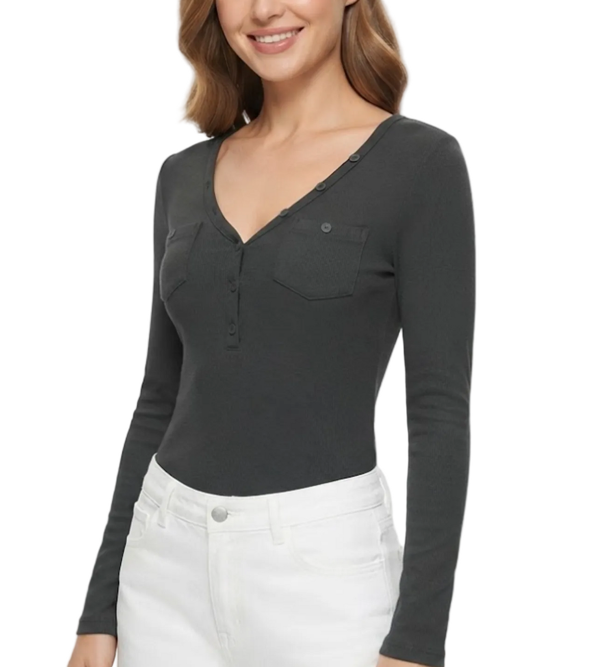 Elegant & Timeless Long Sleeve Buttoned V-Neck Chest Pockets Fitted Tops for Women- BP-B20 -TOP-298