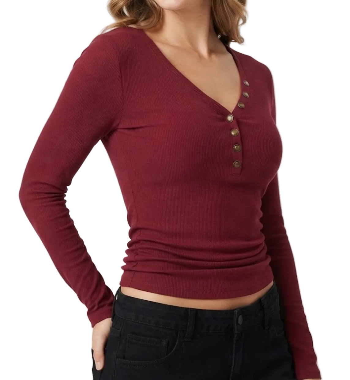 Elegant & Timeless Long Sleeve Buttoned V-Neck Ribbed Fitted Tops for Women- BP-B20 -TOP-301