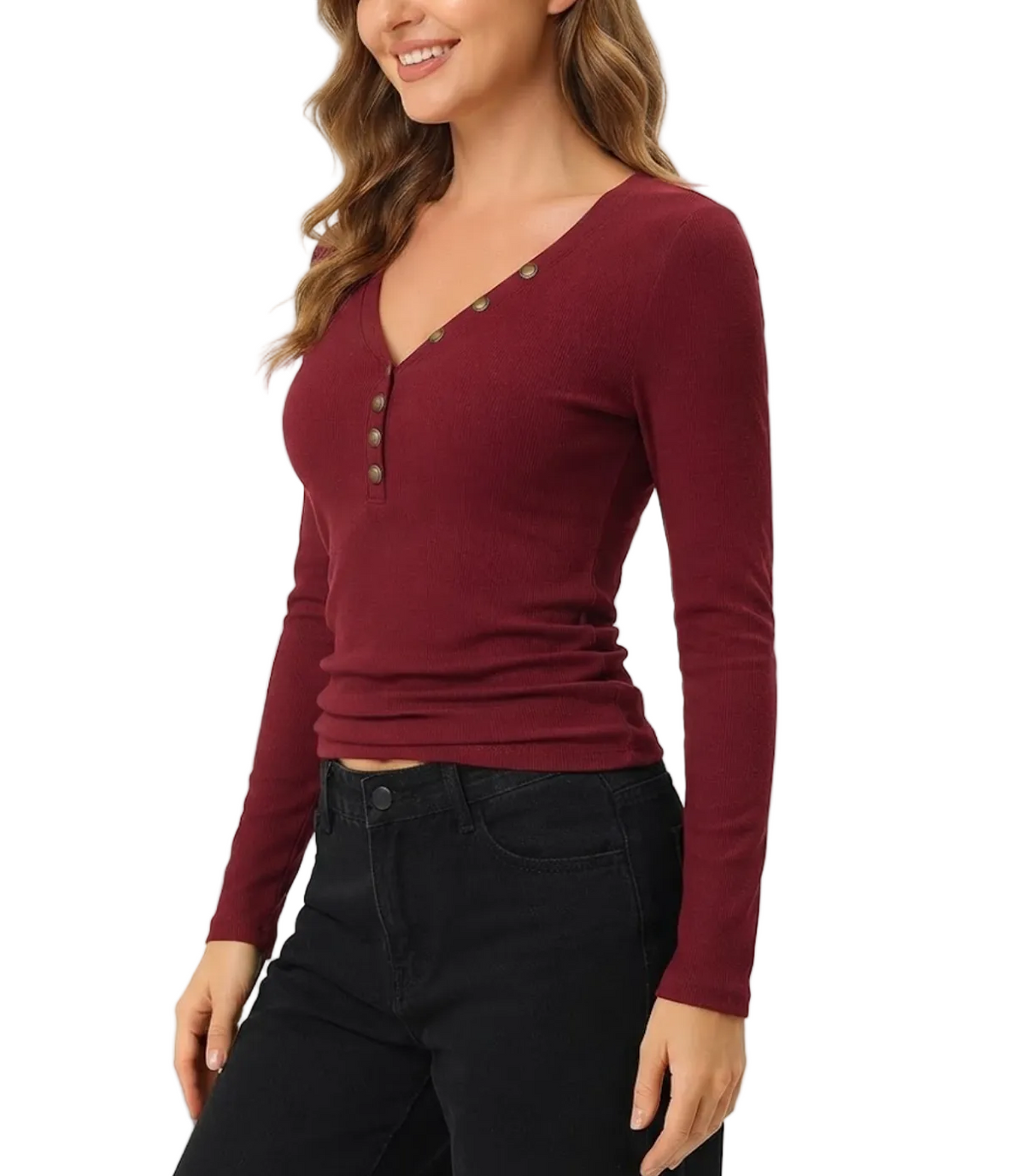 Elegant & Timeless Long Sleeve Buttoned V-Neck Ribbed Fitted Tops for Women- BP-B20 -TOP-301