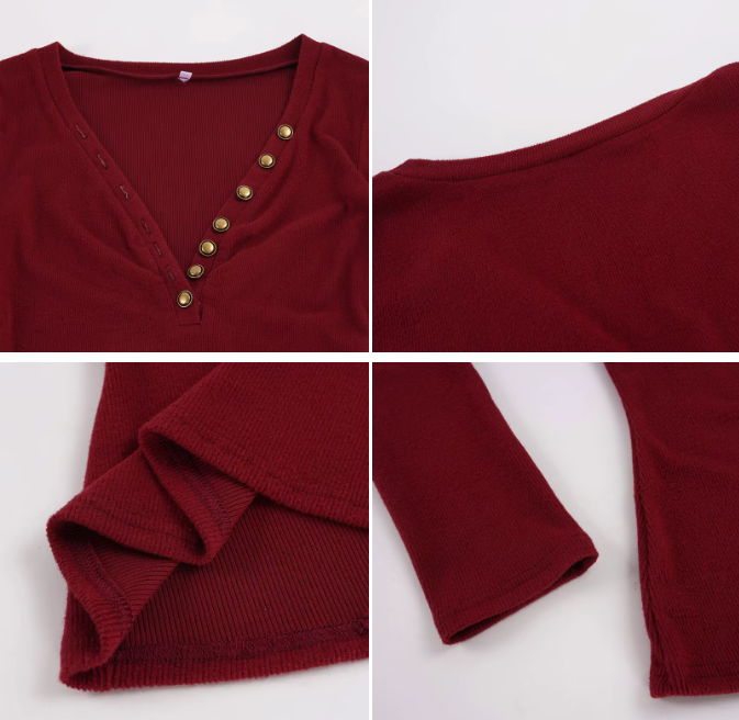 Elegant & Timeless Long Sleeve Buttoned V-Neck Ribbed Fitted Tops for Women- BP-B20 -TOP-301