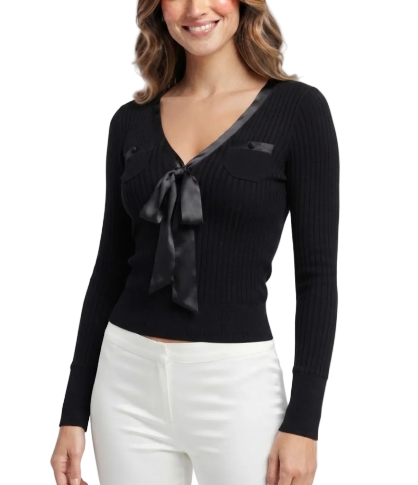Elegant & Timeless V-Neck Ribbed Stretchy Fitted Long Sleeve Pocket Detail Tops for Women- BP-B20 -TOP-275