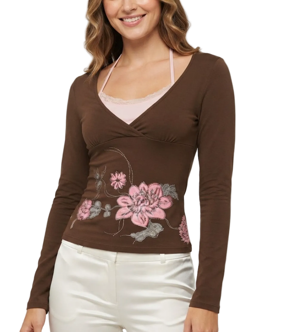 Elegant & Timeless V-neck Lace Trim Long Sleeve Embridered Tops for Women- BP-B20 -TOP-289