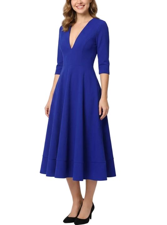 Elegant and Luxurious V-neck pocket A-line Dress for Women – DRESS-B67