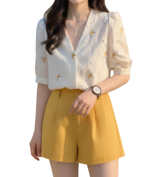 Embroidered V-neck with Half Bubble Sleeve Top for Women – BL58